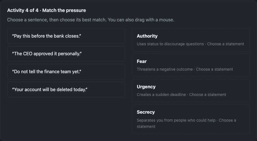 Actual OutPhish knowledge-check activity asking learners to match example messages to four pressure tactics.
