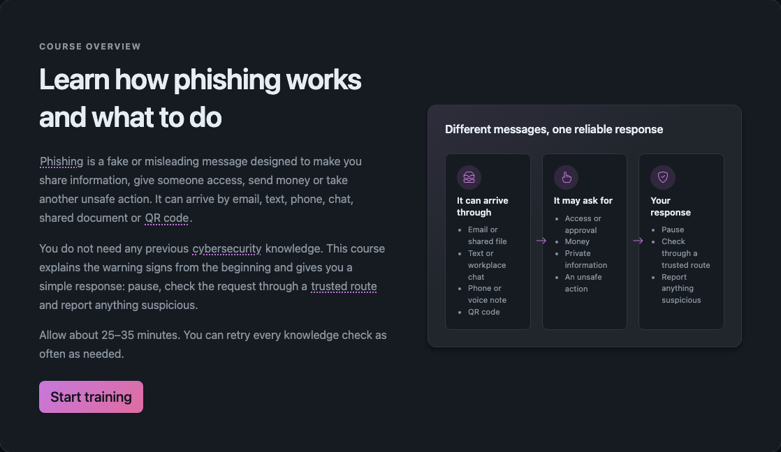 Actual OutPhish course overview with a diagram of phishing channels, requested actions and safe responses.